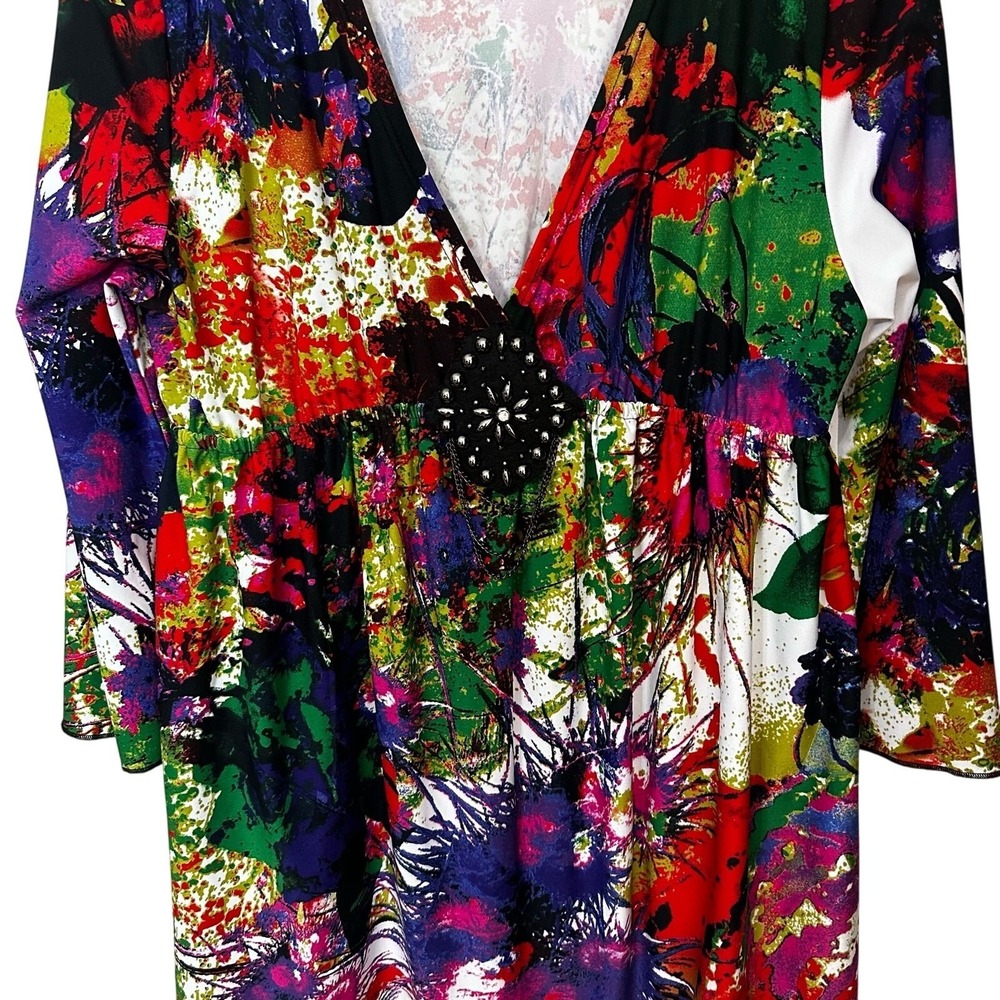 Calessa Beaded Dress Womens Size XL Vibrant Paint Splatter Floral Print V Neck - Picture 4 of 9